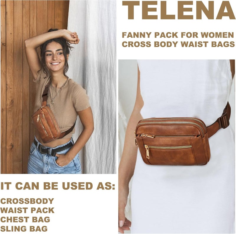 Telena Fanny Packs for Women Cross Body Leather Belt Bag Fashionable with Adjustable Strap Brown - Image 2
